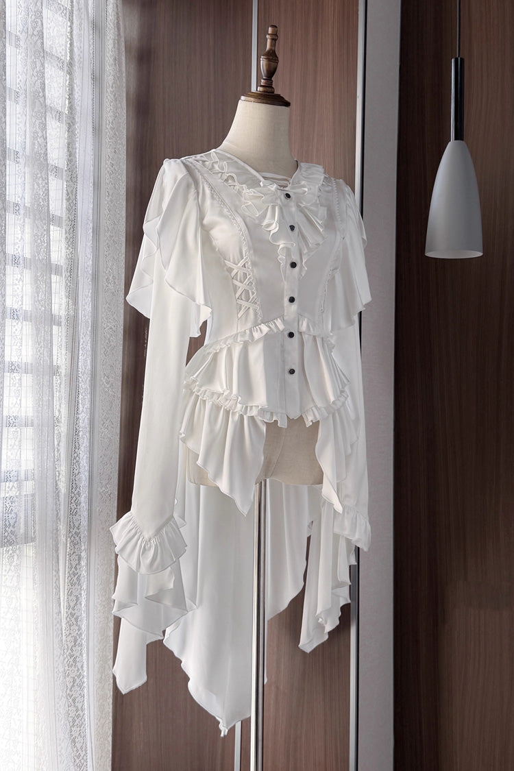[Echoes of the Deep Sea] Long Hime Sleeves Ruffled Bow Lace-Up Gothic Ouji Lolita Blouse 4 Colors - White - 1