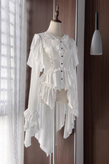 [Echoes of the Deep Sea] Long Hime Sleeves Ruffled Bow Lace-Up Gothic Ouji Lolita Blouse 4 Colors - White - 1