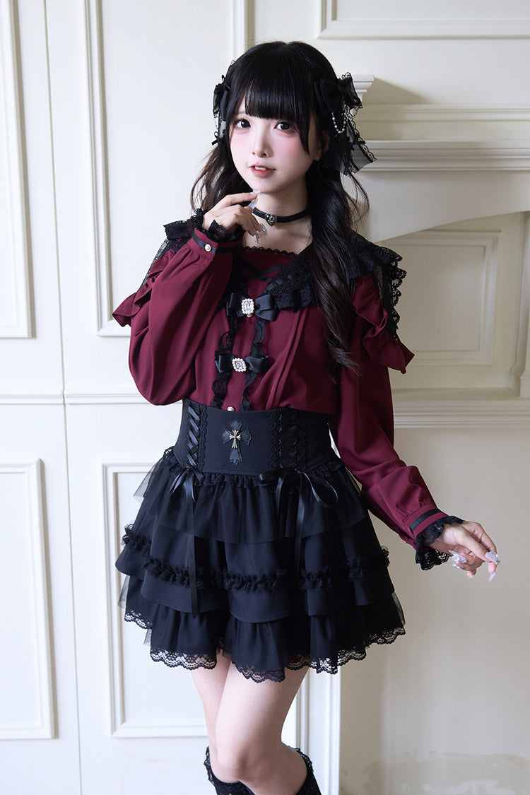 Jirai Kei Navy Collar Long Sleeves Bowknot Lace Sweet Japanese Blouse 3 Colors - Red - 9