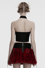 Black/Red Halterneck Sleeveless Cross Faux Fur Stitching Women's Punk Vest - Product - 3