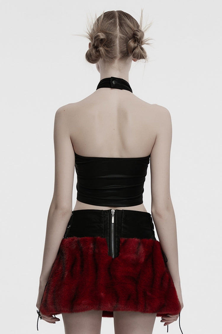Black/Red Halterneck Sleeveless Cross Faux Fur Stitching Women's Punk Vest - Product - 3