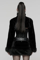 Black Stand Collar Long Sleeves Buckle Straps Faux Fur Women's Punk Short Cloak - Product - 3