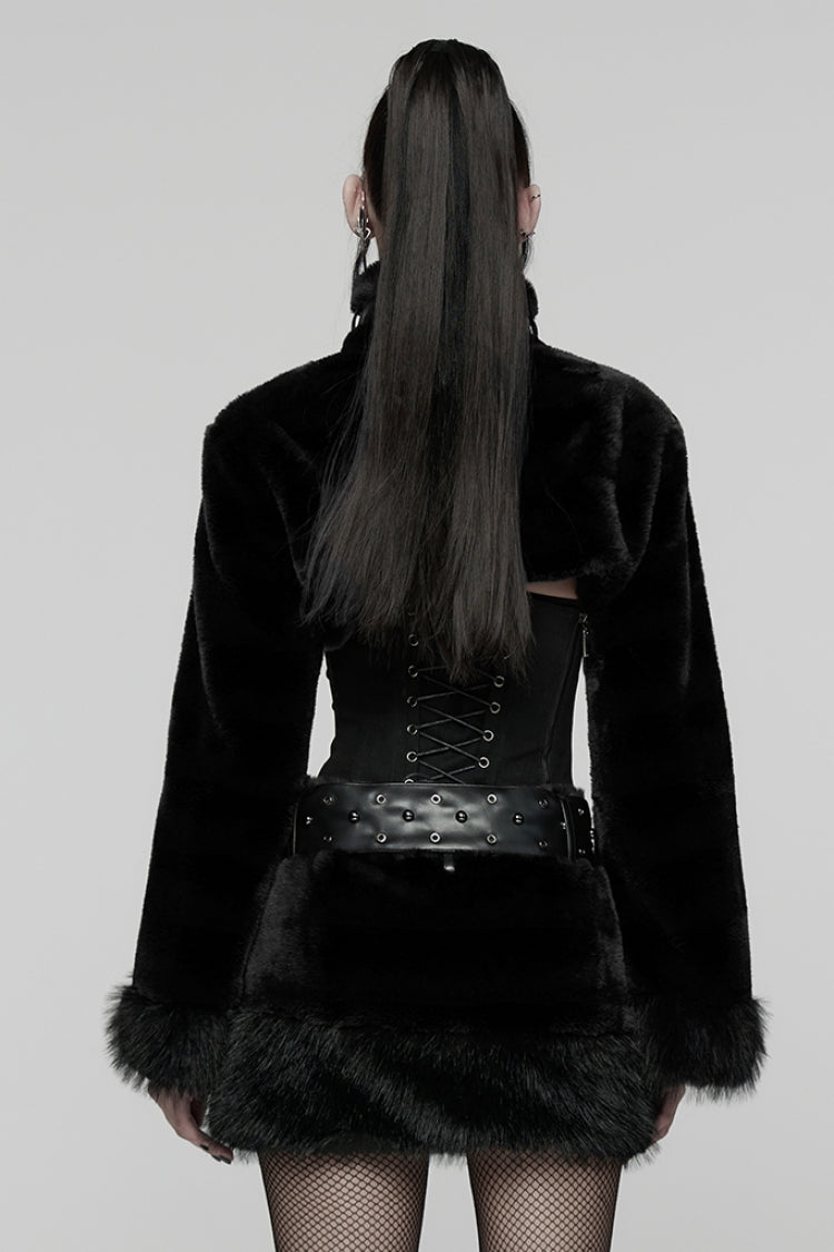 Black Stand Collar Long Sleeves Buckle Straps Faux Fur Women's Punk Short Cloak - Product - 3