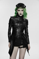 Black Lapel Collar Long Sleeves Lace-Up Slim Zippered Chain-Decorated Women's Punk Jacket - Black - 1