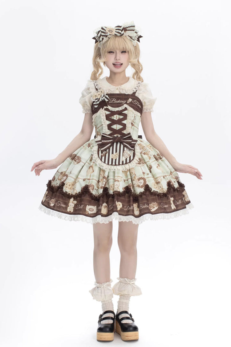 [Doll Tea Party] Sleeveless Print Ruffle Bowknot Lace-Up Sweet Lolita Jsk Dress 3 Colors - Green/Brown - 2