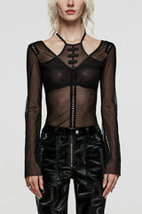Black Long Sleeves Hollow Mesh Two-Piece Halter Womens Gothic T-Shirt - Black - 1