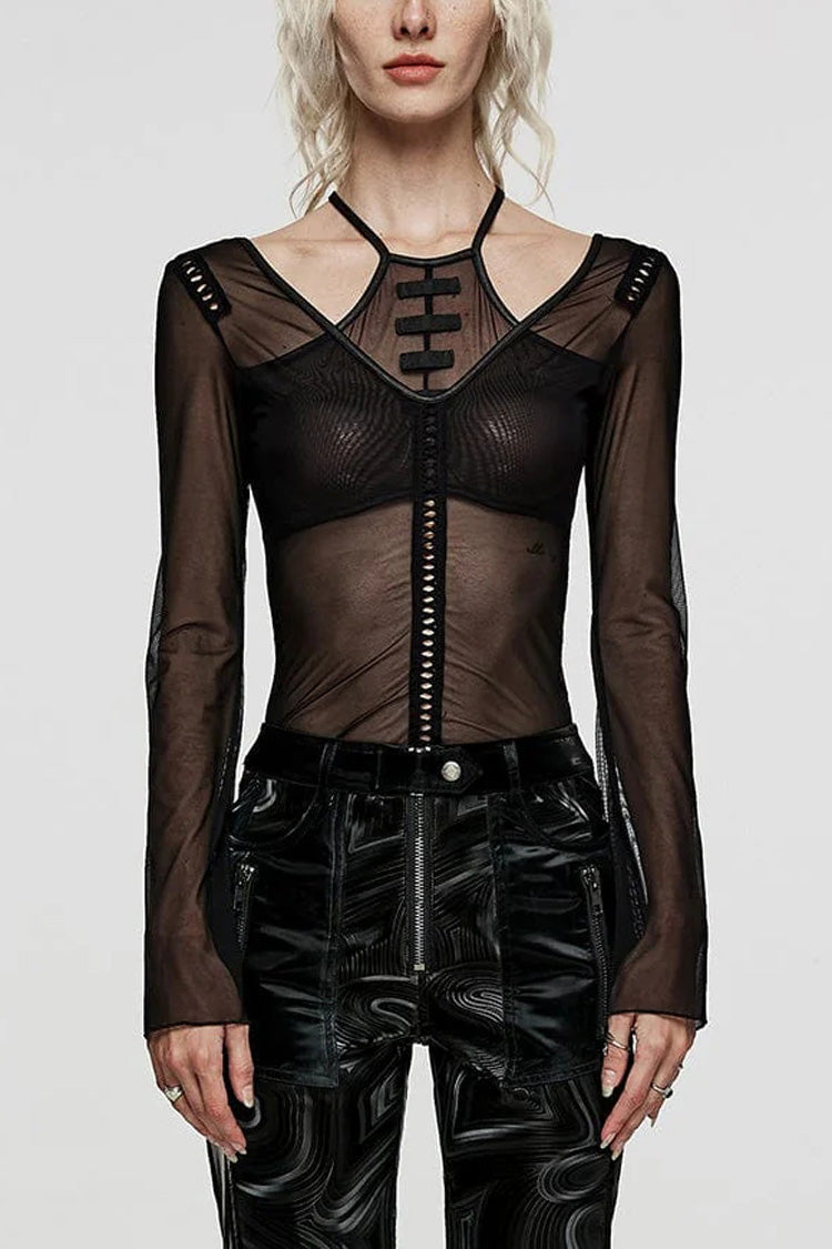 Black Long Sleeves Hollow Mesh Two-Piece Halter Womens Gothic T-Shirt - Black - 1