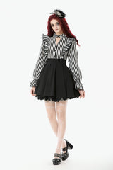 Black/White Striped Lapel Collar Long Sleeves Moon Lace Bow Ruffled Pleated Women's Gothic Dress - Product - 7