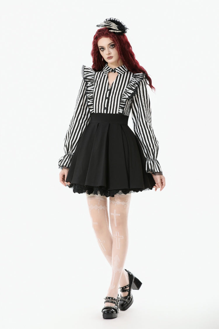 Black/White Striped Lapel Collar Long Sleeves Moon Lace Bow Ruffled Pleated Women's Gothic Dress - Product - 7
