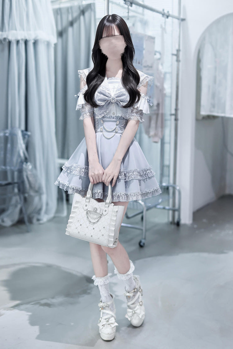 Aqua [Apprentice Witch] Off Shoulder Navy Collar Short Sleeves Ruffled Bow Lace Pearl Detail Classic Jirai Kei Japanese Skirt Set - Product - 5