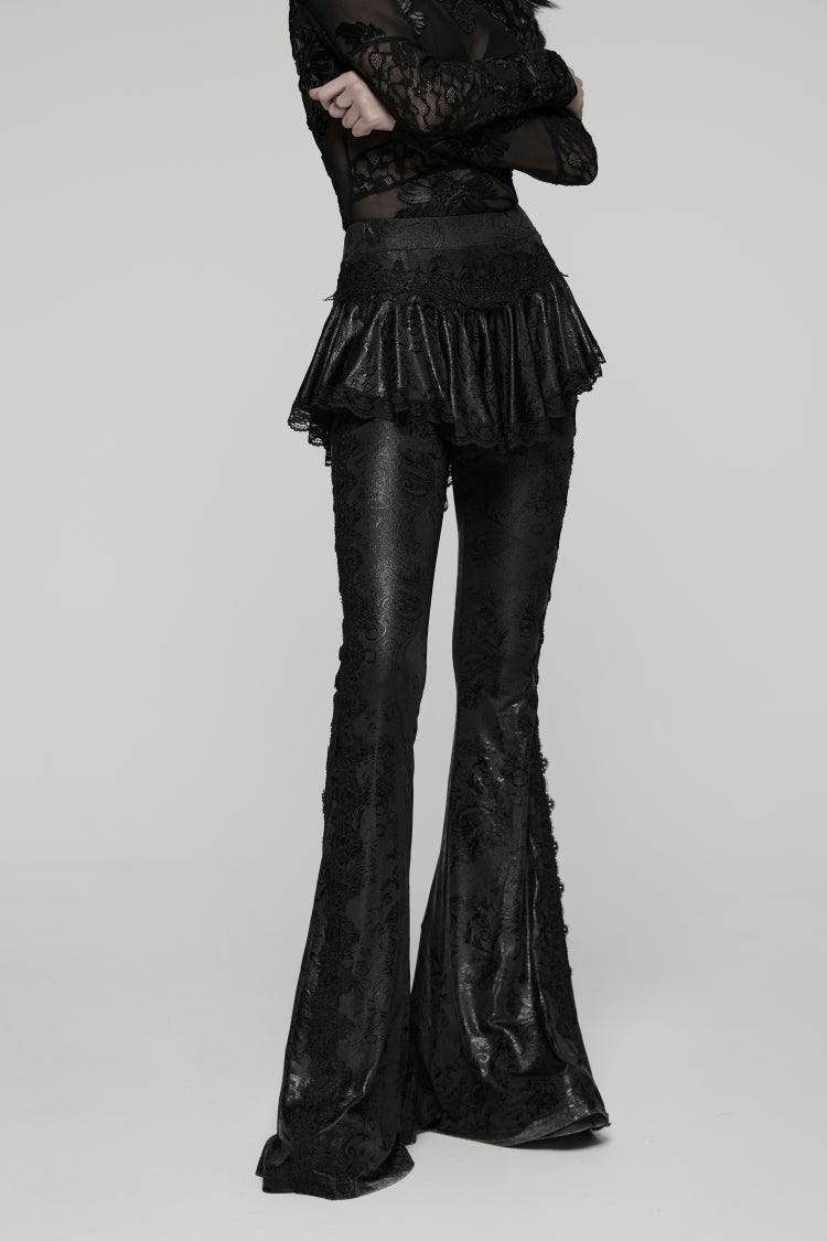 Black Printed Lace Slim Faux Two-Piece Women's Gothic Flared Pants - Product - 8