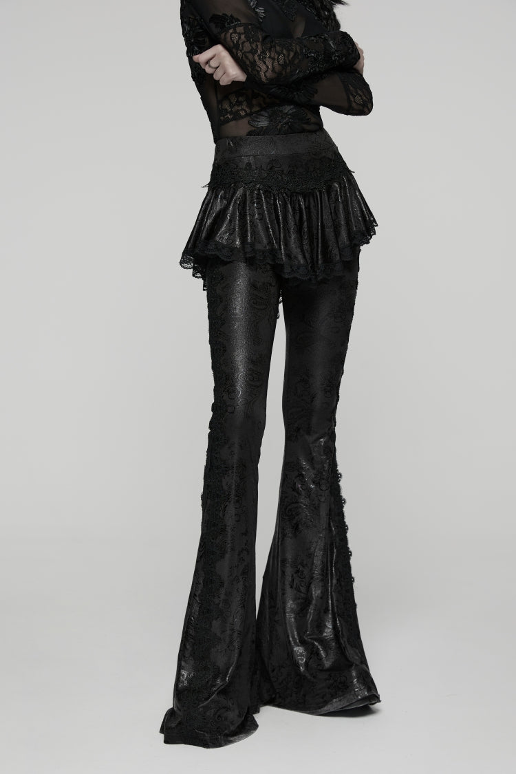 Black Printed Lace Slim Faux Two-Piece Women's Gothic Flared Pants - Product - 8