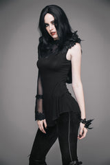 Black Shoulder Decals Feather Decoration Single Sleeve Splice Mesh Women's Gothic Knit - Product - 2