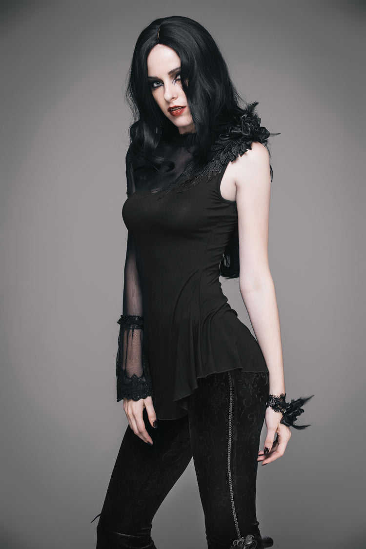 Black Shoulder Decals Feather Decoration Single Sleeve Splice Mesh Women's Gothic Knit - Product - 2