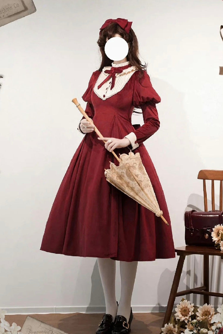 Wine Red [New Year] Stand Collar Long Sleeves Ruffled Bow Classic Lolita Dress - Product - 6
