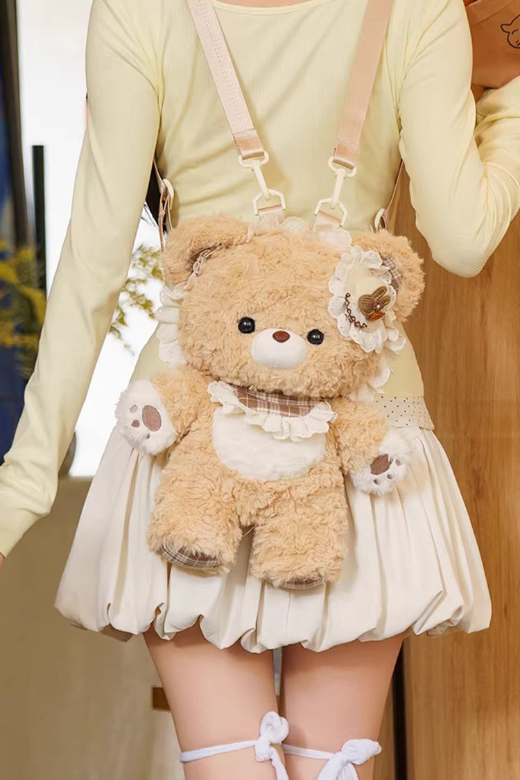 Brown [Little Bear Guli] Ruffled Plush Toy Sweet Lolita Backpack - Product - 7
