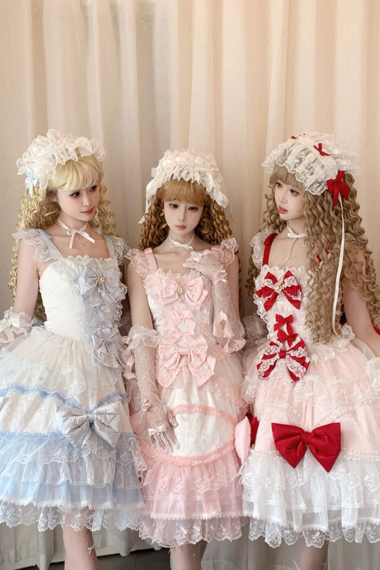 Red/Pink [Flower Dream Isle] Square Collar Multi-Layered Ruffled Bow Lace Sweet Lolita Jsk Dress - Product - 13