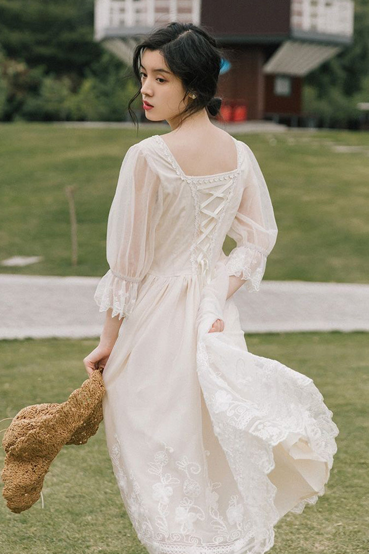 White Lantern Half Sleeves Lace Floral Embroidery Print Sweet (Dress Only) detail view 4