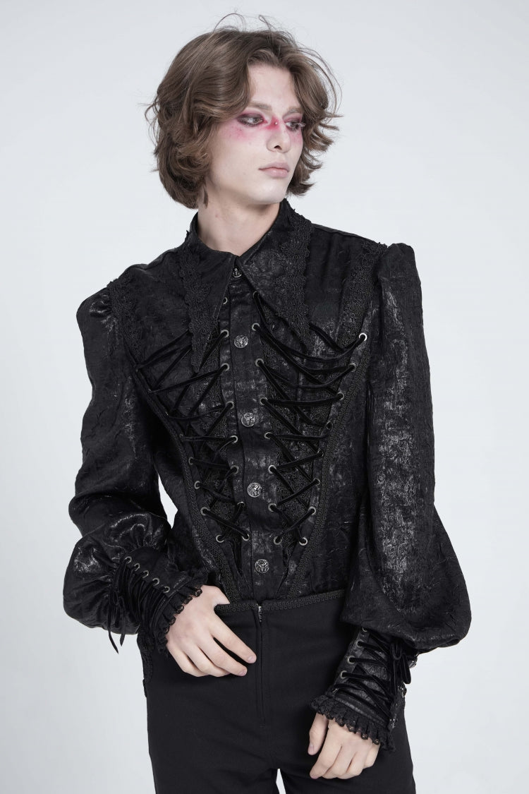 Black Long Puff Sleeves Jacquard Lace Men's Gothic Blouse - Product - 2