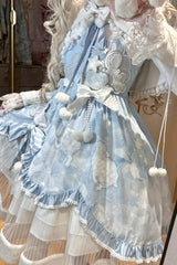 Blue [Cloud Dreamland] Cut-Out Embroidered Bow Lace Asymmetric Sweet Elegant Lolita Jsk Dress Set - Product - 6