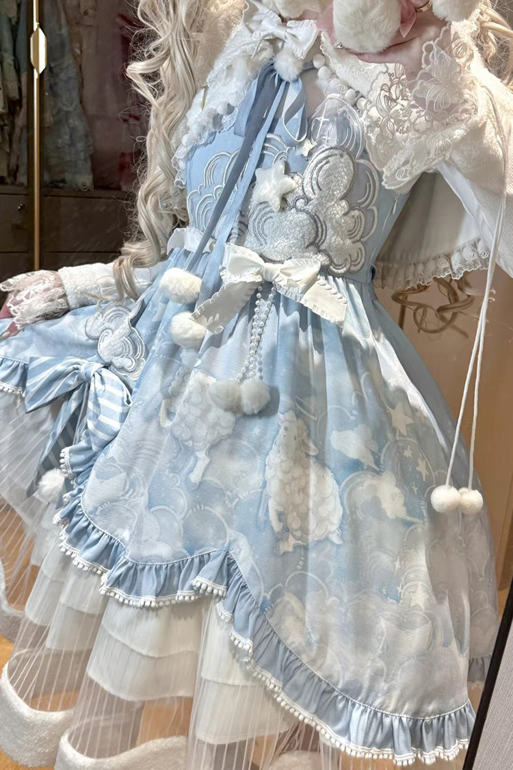 Blue [Cloud Dreamland] Cut-Out Embroidered Bow Lace Asymmetric Sweet Elegant Lolita Jsk Dress Set - Product - 6
