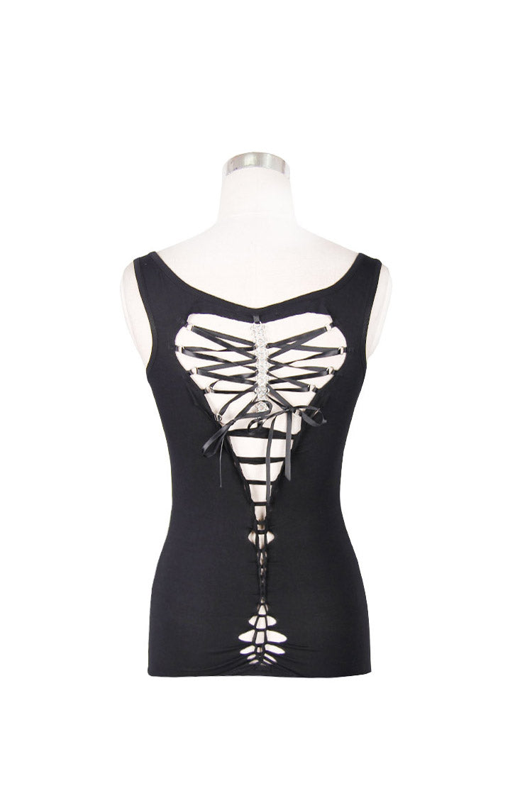 Black Lace Up Back Heart Shaped Hollow Knitting Chain Women's Punk Vest - Product - 7