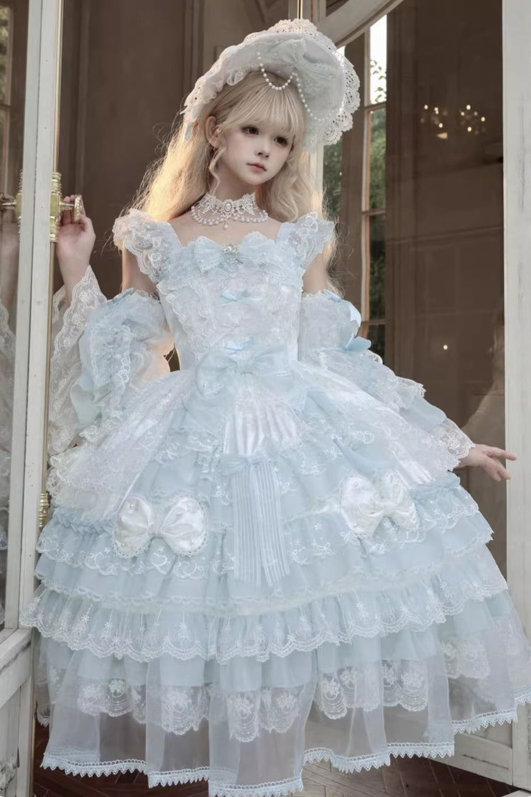 Blue [Prelude of Spring] Sleeveless Multi-Layered Ruffled Bow Lace Sweet Princess Lolita Jsk Dress - Product - 10