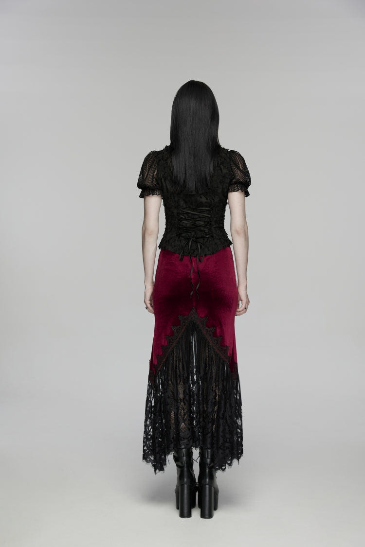 Black/Red Embroidered Lace Slim Women's Gothic Fishtail Velvet Skirt - Product - 3
