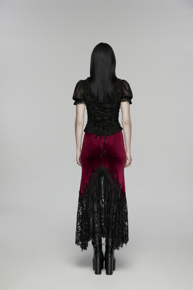 Black/Red Embroidered Lace Slim Women's Gothic Fishtail Velvet Skirt - Product - 3