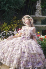 Blue [Rose Letter] Off Shoulder Triple-Layered Print Ruffle Hanayome Sweet Princess Lolita Dress - Product - 9