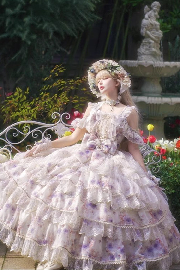 Blue [Rose Letter] Off Shoulder Triple-Layered Print Ruffle Hanayome Sweet Princess Lolita Dress - Product - 9