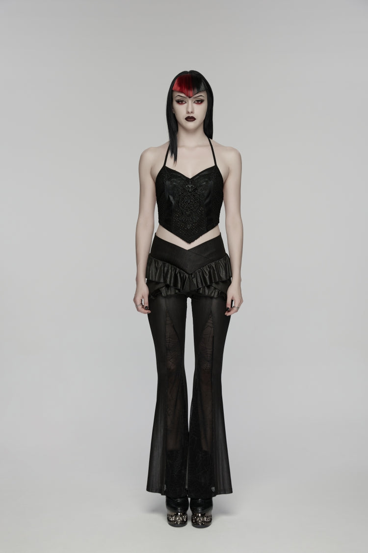 Black Ruffled Women's GothicRuffled Cobweb Pattern Flared Pants - Product - 4