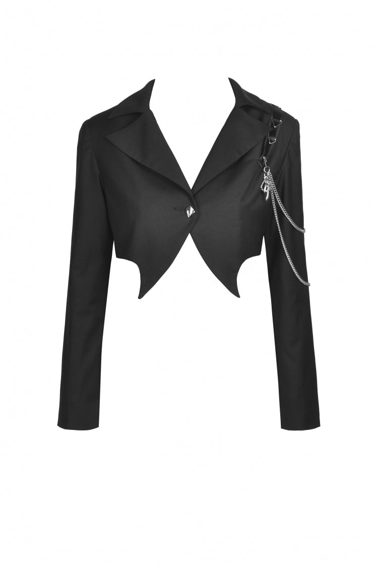 Black Lapel Collar Long Sleeves Chain-Decorated Women's Punk Irregular Short Jacket - Product - 3