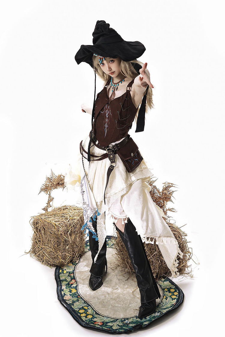 Brown/White [Dune Shadow Seeker] Sleeveless Ruffled Embroidered Irregular Vintage Lolita Skirt Set - Product - 2