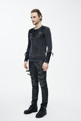 Black Faded Long Sleeves Lace Up Mens Punk T-Shirt - Product - 4