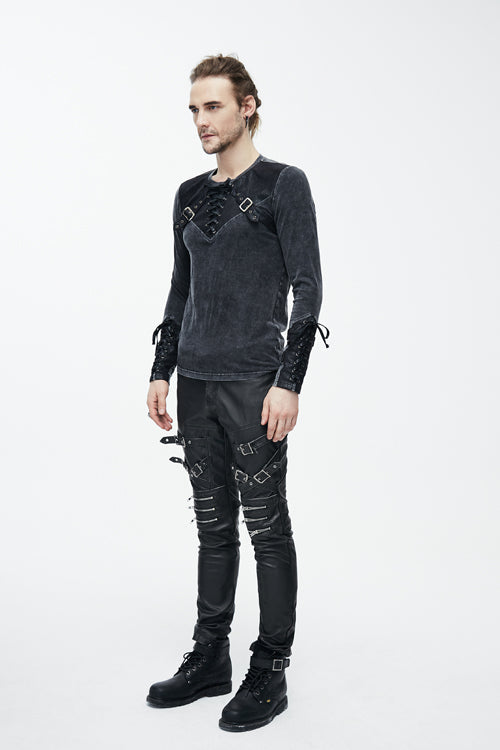 Black Faded Long Sleeves Lace Up Mens Punk T-Shirt - Product - 4