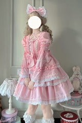 Pink Triple-Layered Detachable Sleeves Bowknot Lace-Up Sweet Lolita Dress - Product - 4