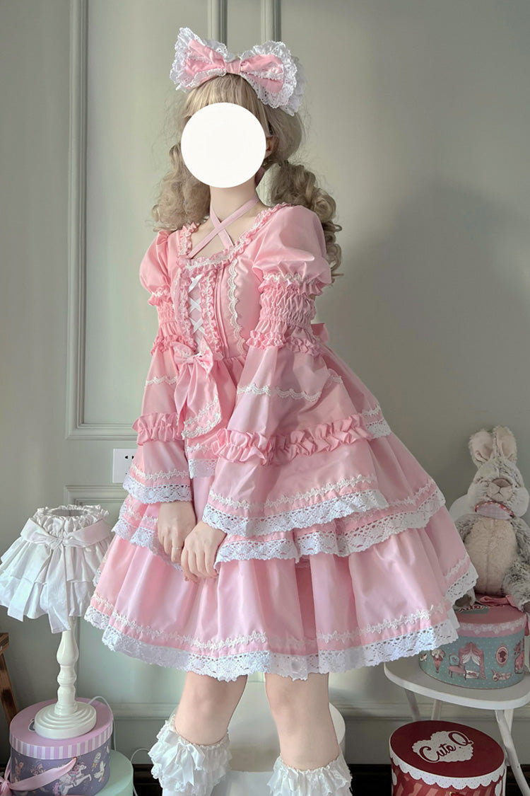 Pink Triple-Layered Detachable Sleeves Bowknot Lace-Up Sweet Lolita Dress - Product - 4