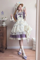 Purple [Mist over Flowers Along the Path] Lapel Collar Long Sleeves Embroidery Bowknot Lace Sweet Lolita Dress - Product - 5