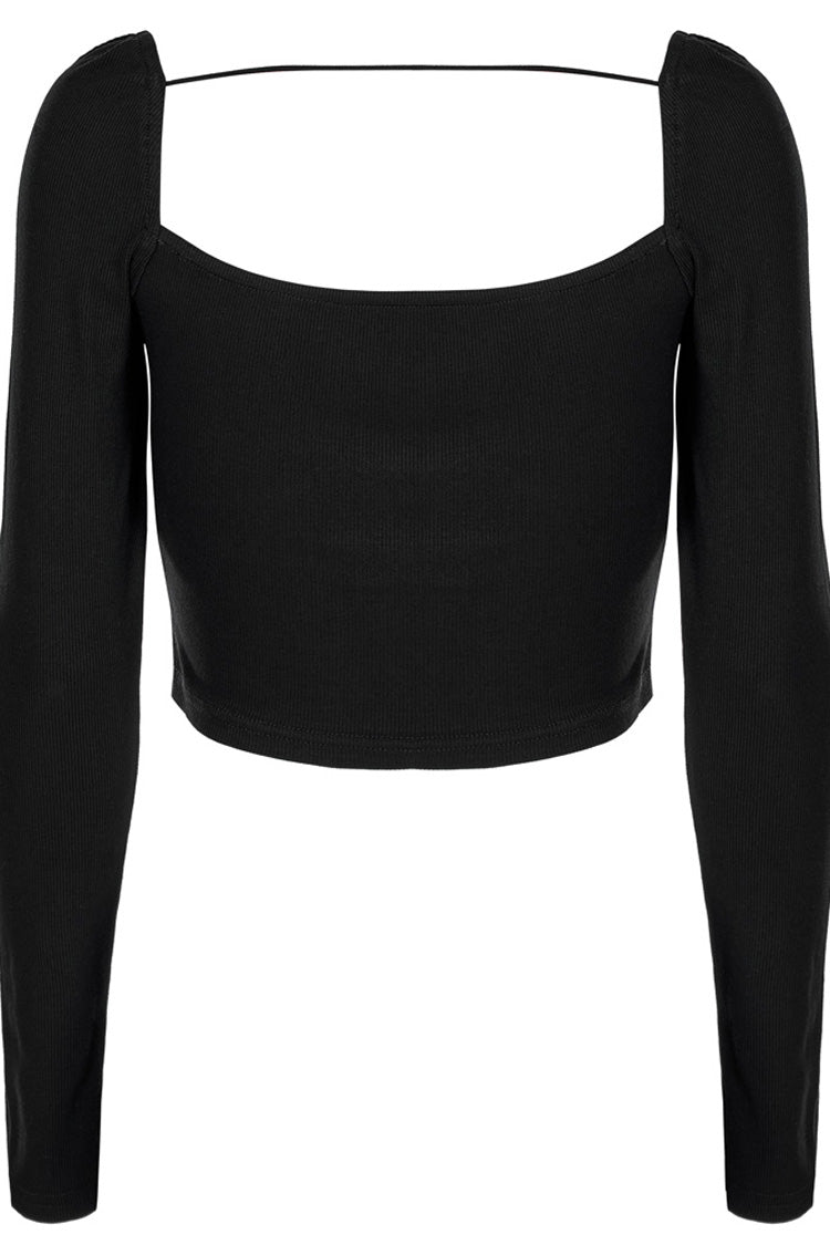 Black Elastic Square Neck Curved Split Butterfly Button Women's Gothic T-Shirt - Product - 7