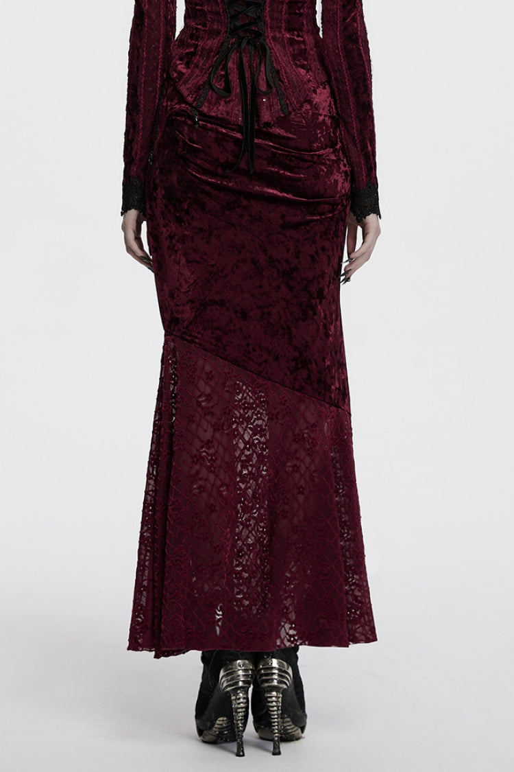 Red Batwing Hollow Embroidery Stitching Lace Women's Gothic Fishtailed Skirt - Product - 3