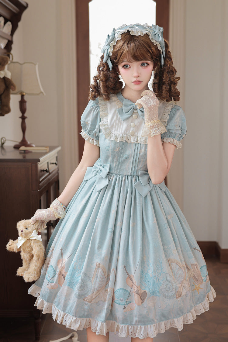 Blue [Underwater Concert] Round Collar Short Sleeves Printed Ruffled Bow Sweet Lolita Dress - Product - 5
