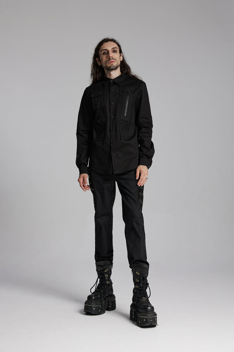 Black Lapel Collar Long Sleeves Zip Mesh Pocket Men's Punk Blouse - Product - 4