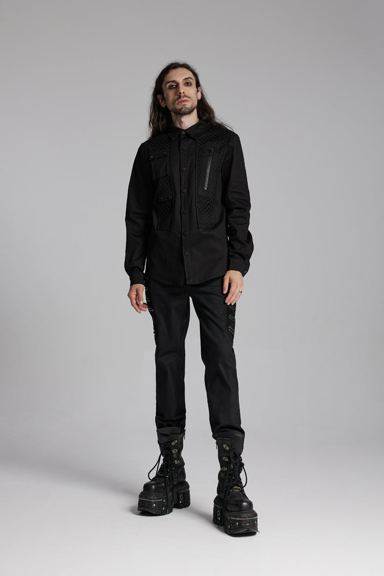 Black Lapel Collar Long Sleeves Zip Mesh Pocket Men's Punk Blouse - Product - 4