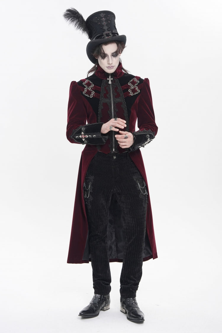 Red Stand Collar Long Sleeves Embroidered Color-Blocked Buckled Zippered Men's Gothic Palace Jacket - Product - 8