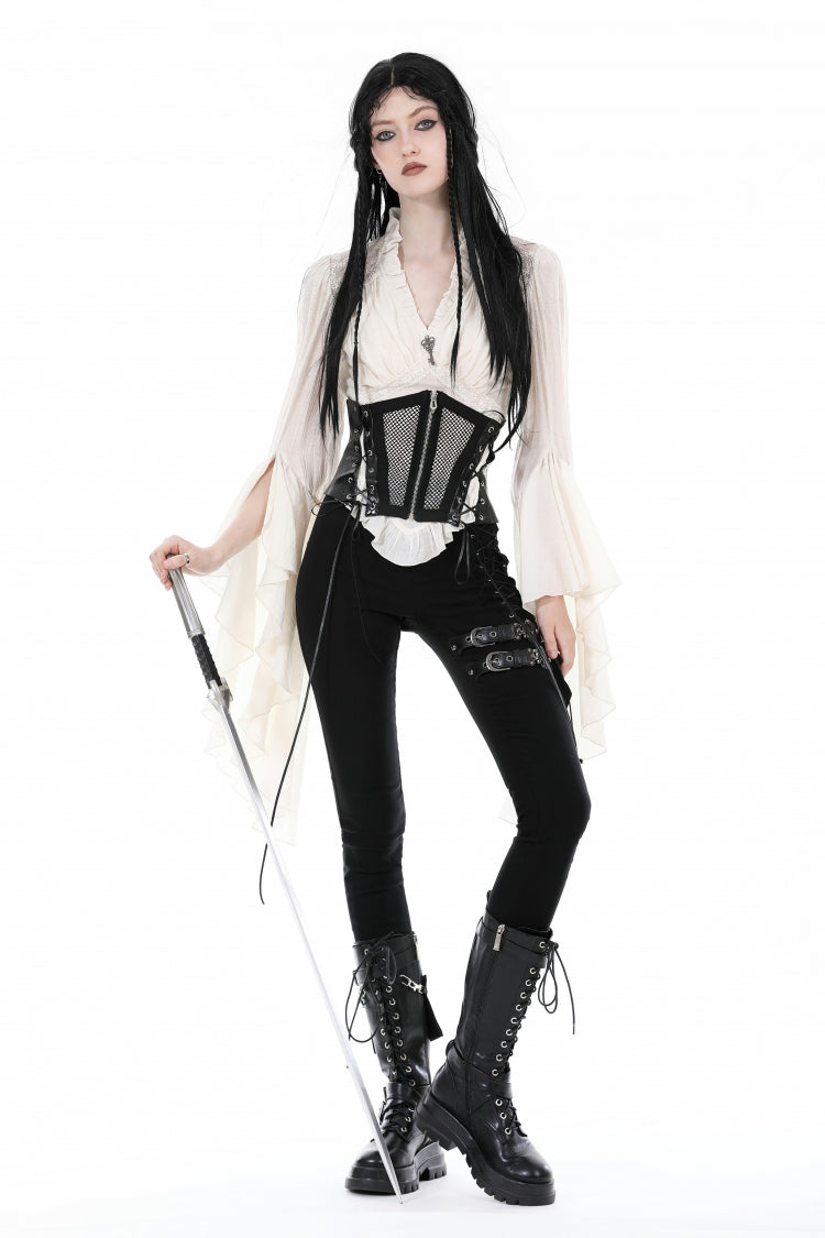White V Collar Ruffled Long Trumpet Sleeves Women's Steampunk Blouse - Product - 9