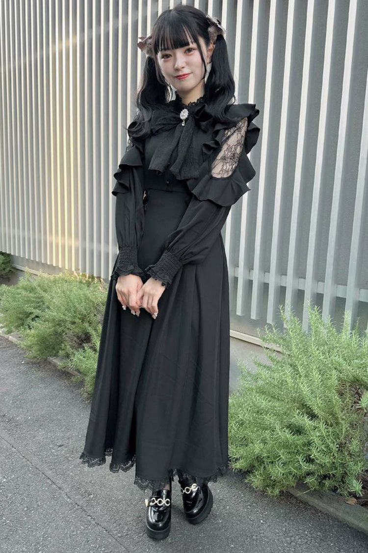 Black Stand Collar Off Shoulder Long Sleeves Hollow Bowknot Slim Jirai Kei Japanese Dress - Product - 9