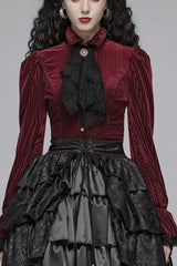 Striped Velvet Metal Retro Button Lace Cuff Back Waist Lace Up Women's Gothic Blouse - Red - 2