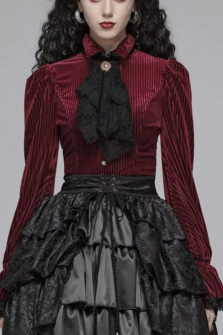 Striped Velvet Metal Retro Button Lace Cuff Back Waist Lace Up Women's Gothic Blouse - Red - 2