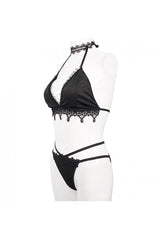 Black Gothic Lace Collar Lace Up Bikini Swimsuit - Product - 12